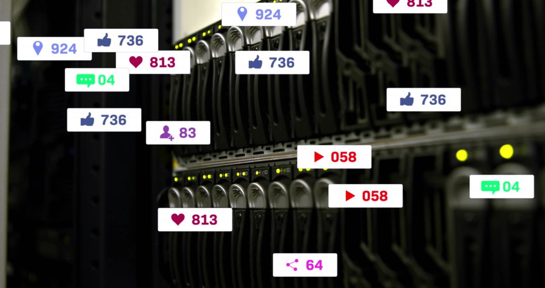 Social Media Engagement Icons Overlapping Computer Servers