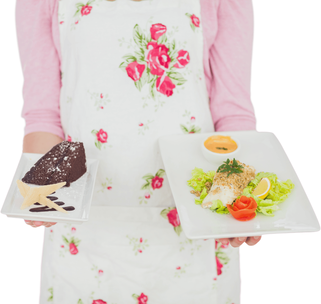Midsection of Waitress Presenting Diverse Cuisine on Transparent Background