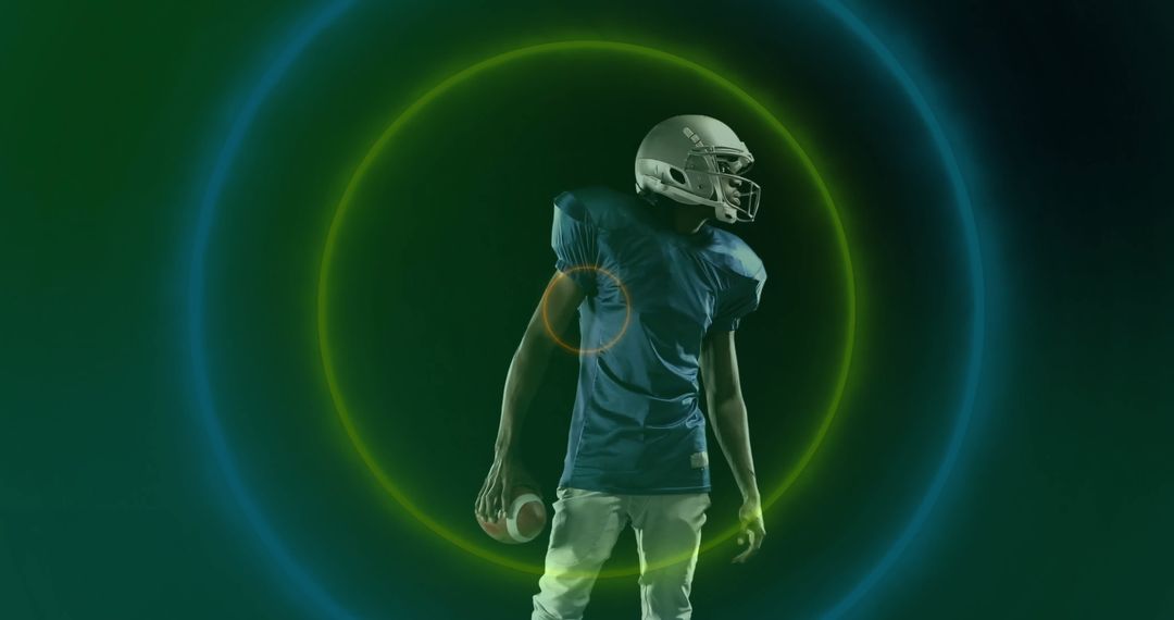 Futuristic Football Player Holding Ball in Neon Light