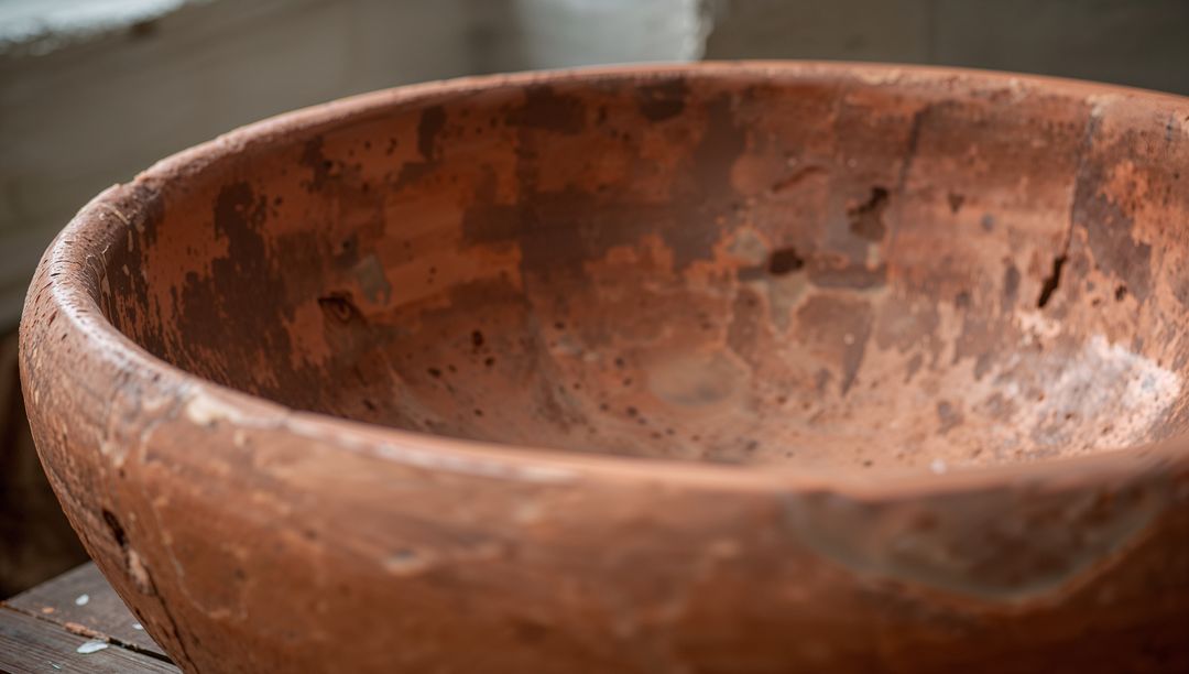 Worn terracotta bowl showcasing chipped glaze, rustic texture and weathered earthenware