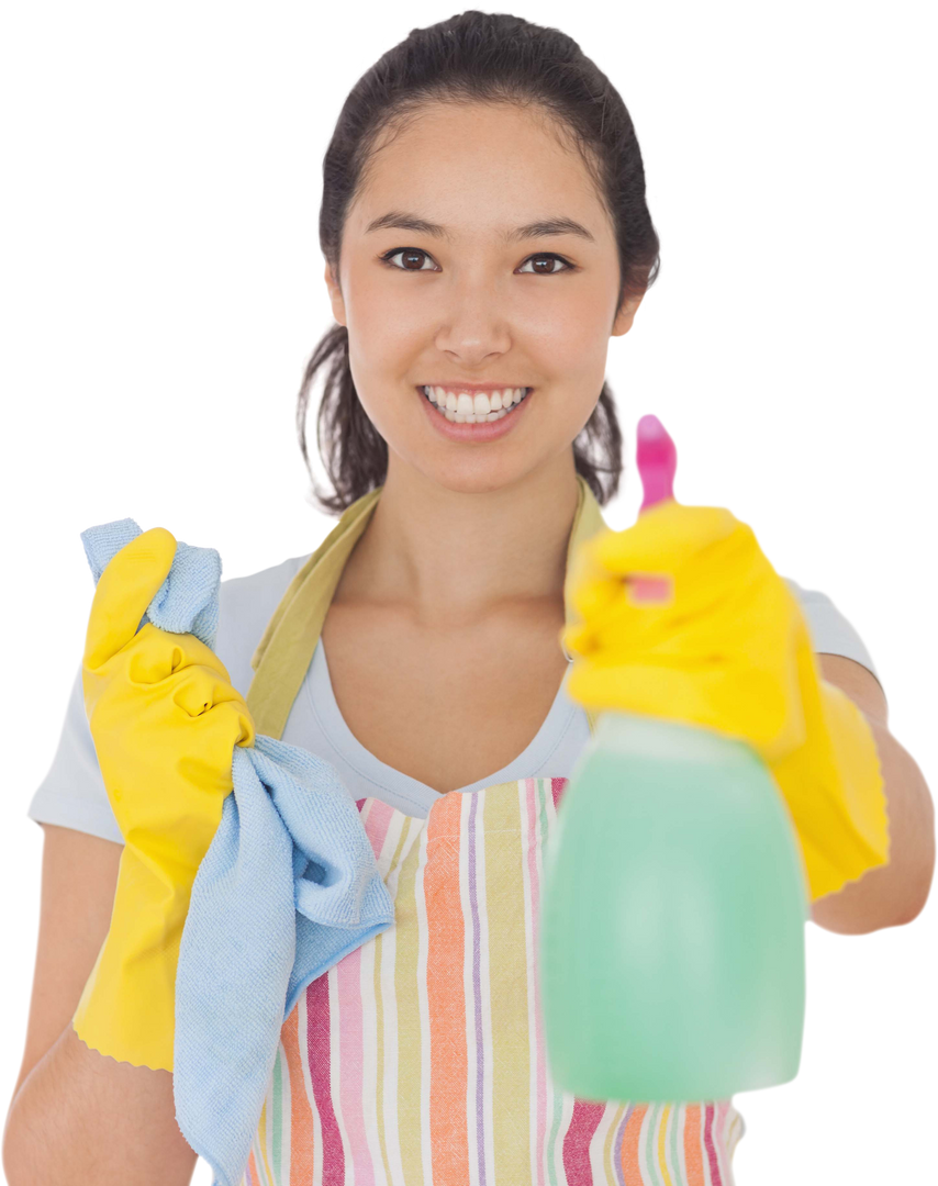 Cheerful Woman with Spray Bottle and Towel in Cleaning Gear - Transparent Background - Download Free Stock Images Pikwizard.com