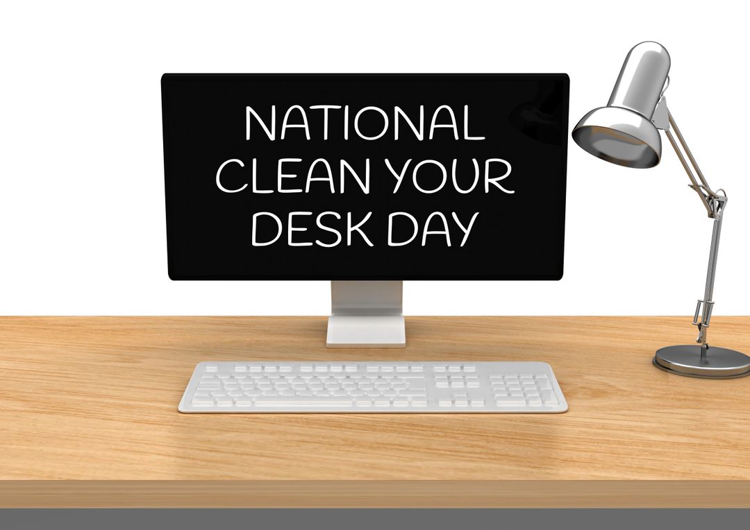 Vector image of national clean your desk day text on computer against white background, copy space - Free Images, Stock Photos and Pictures on Pikwizard.com