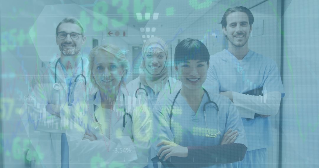 Diverse Medical Team Overlaid with Stock Market Data Visuals