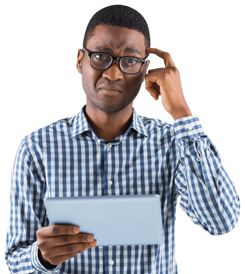 Confused Businessman with Glasses Holding Tablet on Transparent Background
