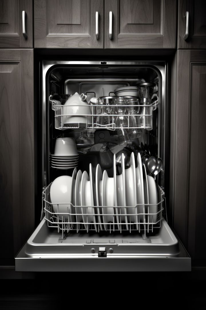 Interior of dishwasher packed with dishes with door open, created using generative ai technology - Free Images, Stock Photos and Pictures on Pikwizard.com