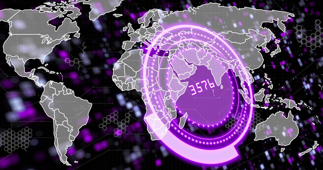 Neon Purple HUD Overlay on Global Map with Holographic Data Readouts and Analytics