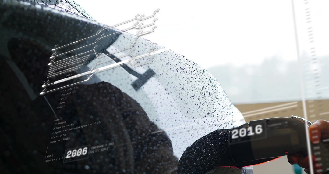 Electric Car Charging in Rain with Digital Overlay Concept