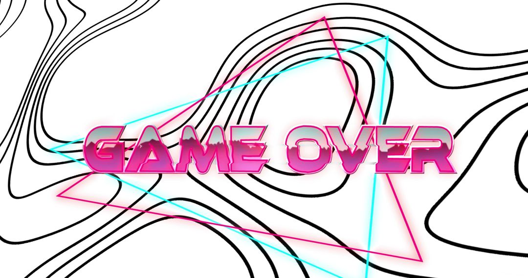 Retro neon GAME OVER magenta 3D text with cyan-pink wireframe, synthwave gradient
