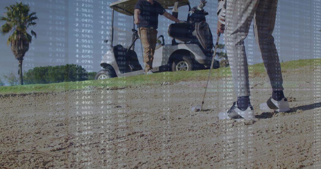 Golfer in Action in Bunker with Data Overlay