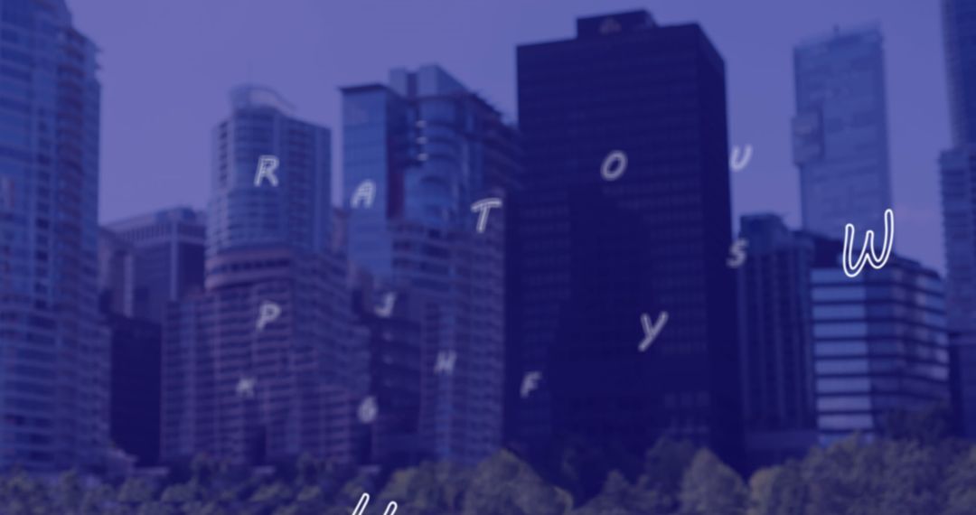 Abstract Flying Letters Over Modern City Skyline