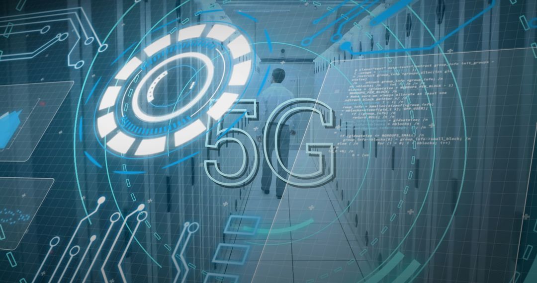 Advanced 5G Technology Overlays on Server Room Worker