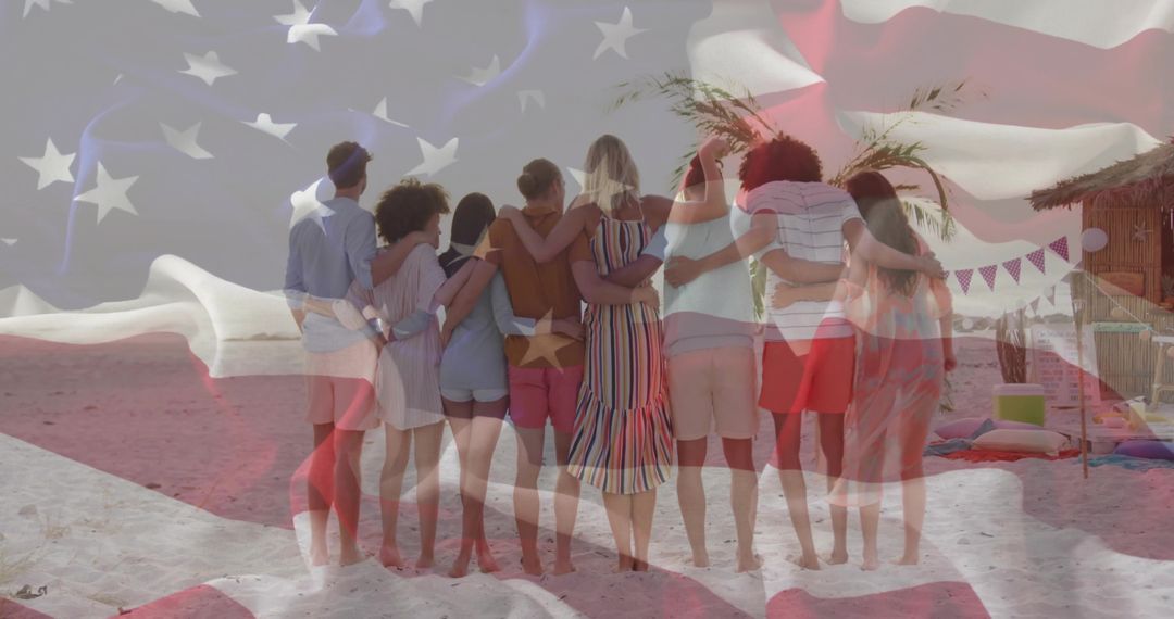 Unity of Friends on a Beach with American Spirit Overlay