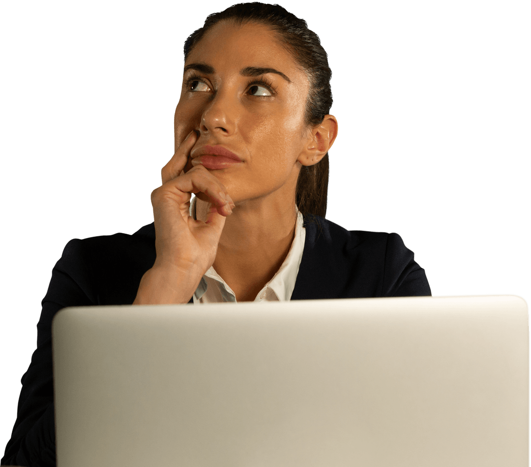 Transparent Office Woman in Suit Thinking While Using Laptop