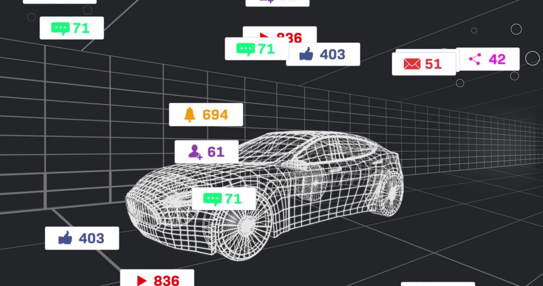 Futuristic Wireframe Car with Floating Social Media Metrics