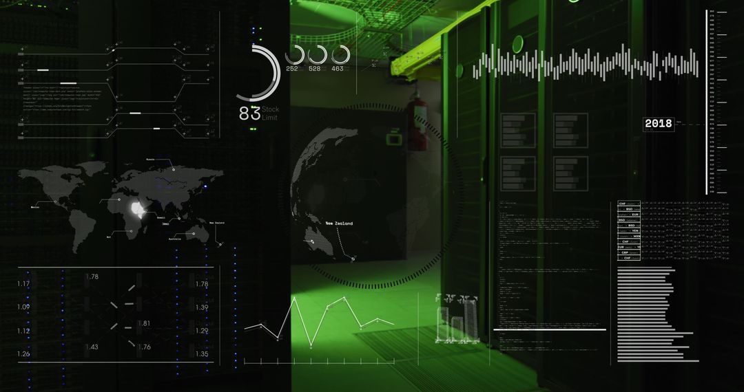 Futuristic Data Center with Digital HUD and Global Connectivity Interface