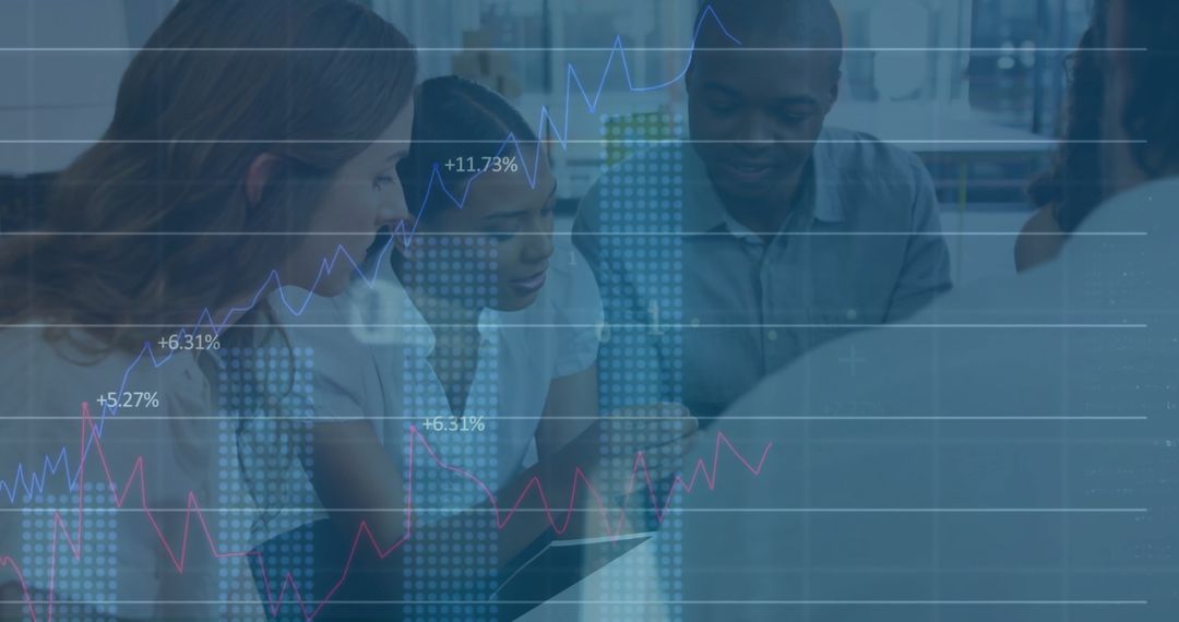 Diverse Team Analyzing Financial Trends With Virtual Data Overlay
