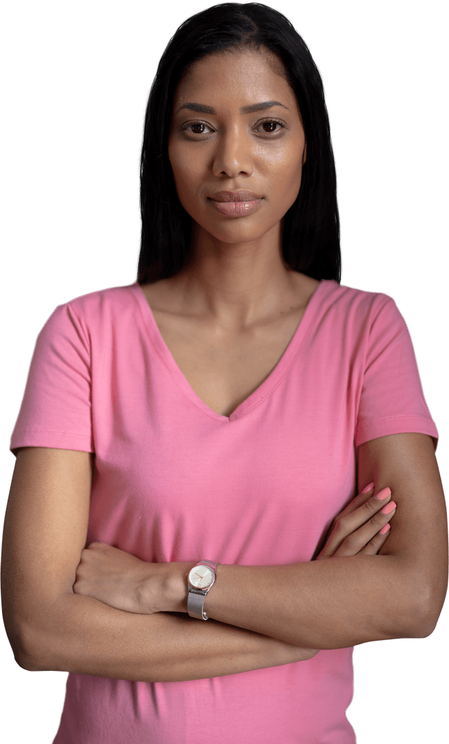Confident Biracial Woman Standing with Arms Crossed on Transparent Background