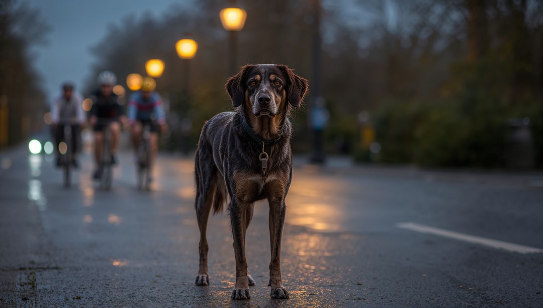 Curious Dog Stands on Dusk Road as Cyclists Pass By