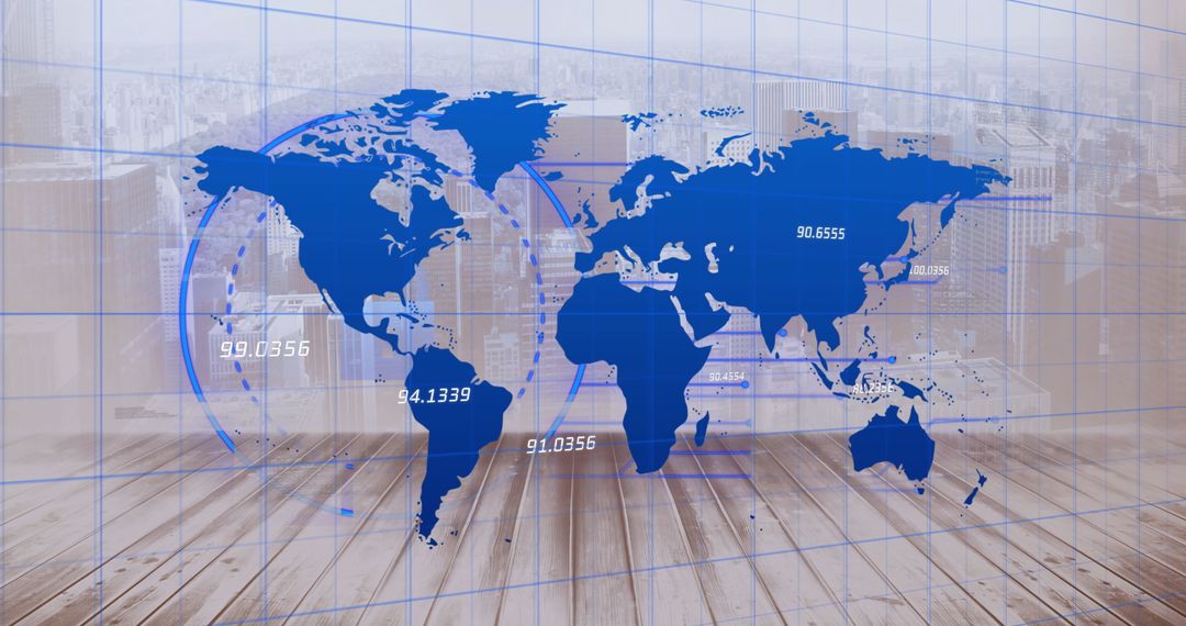 Digital Interface World Map Overlay on City Background