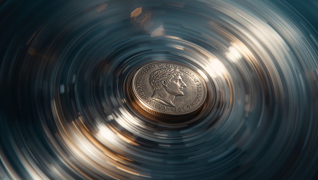 Spinning Antique Coin on Polished Grooved Metal Surface with Circular Blur and Light Flares