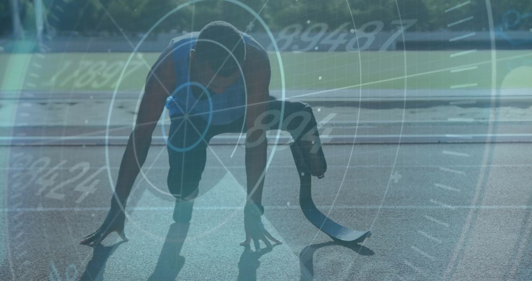 Athlete with Prosthetic Limb on Track with Data Overlay