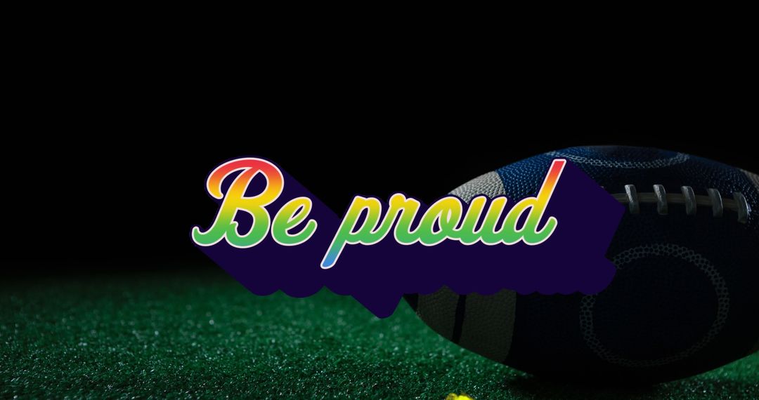 Rugby Ball on Grass with Pride Message in Bright Colors