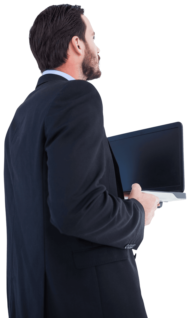 Businessman in Suit Holding Laptop Transparent Background
