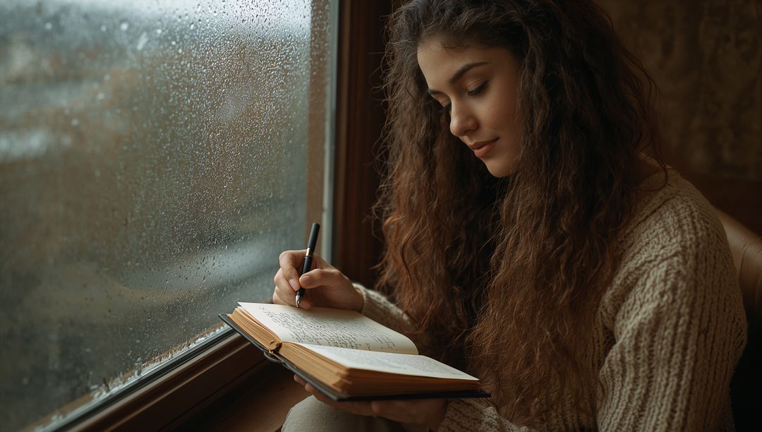 Cozy Rainy Day Journaling: Young Woman Writing in Notebook by Window with Raindrops