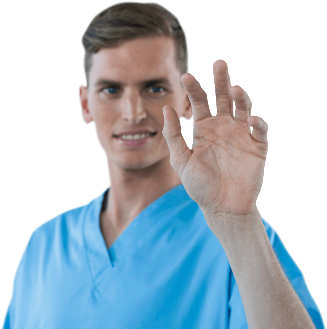 Smiling Male Nurse Interacting with Transparent Screen