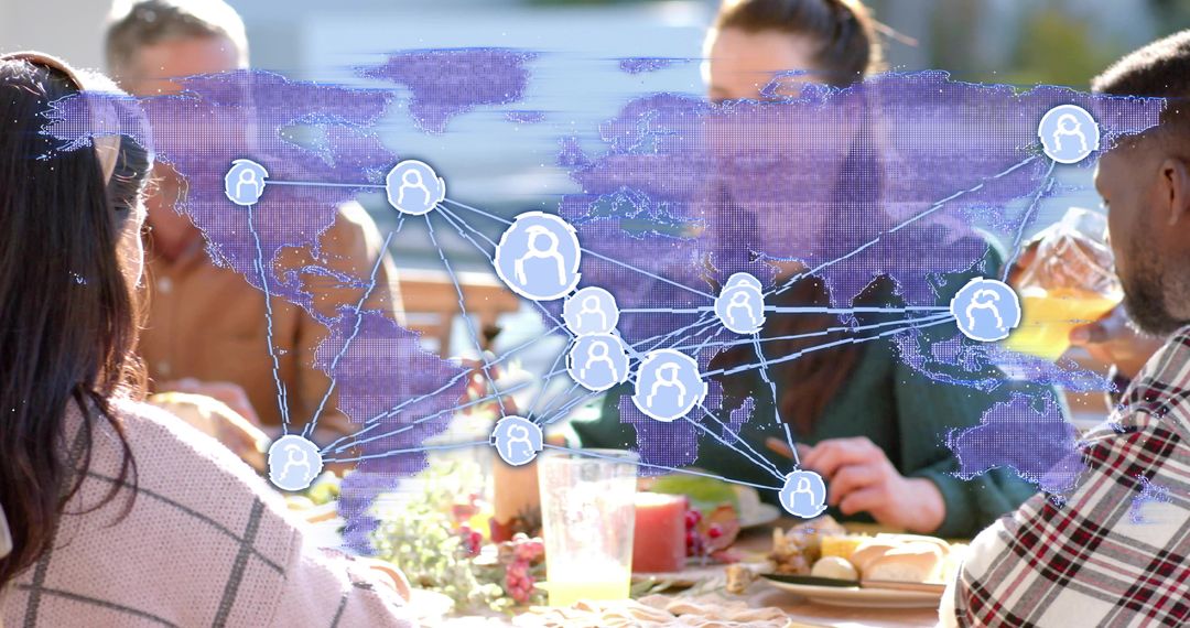 Alfresco friends sharing meal with world network overlay connecting people across globe