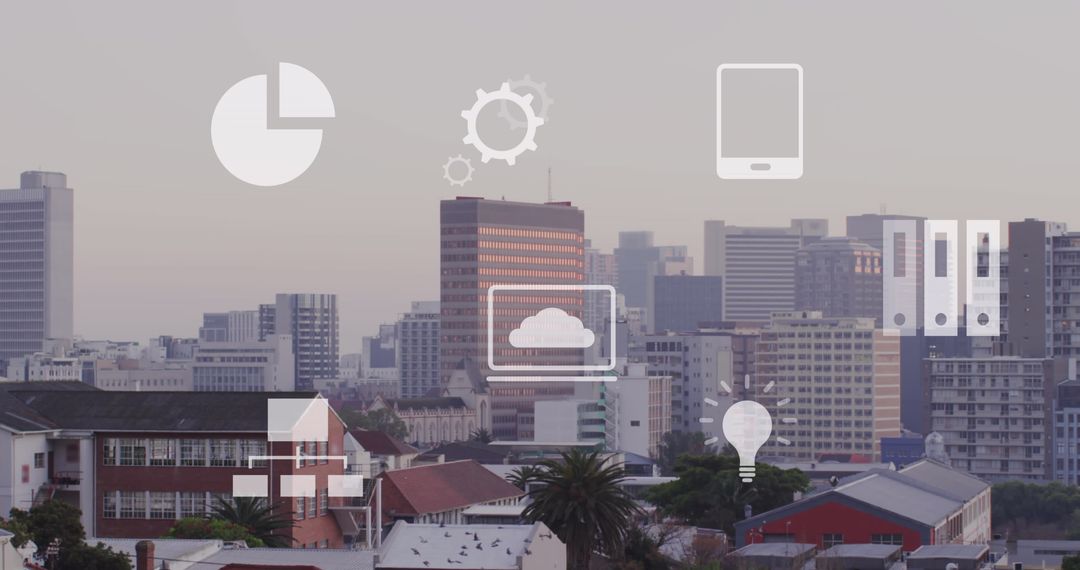 Cityscape with Digital Icons Representing Technology Integration