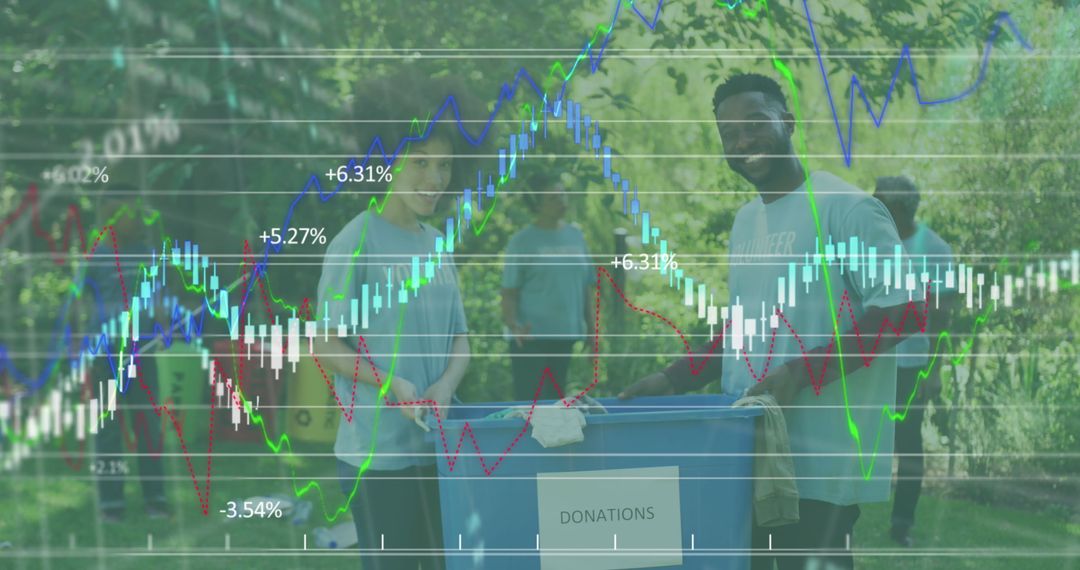 Volunteers Moving Donation Bin Overlayed with Graph Trends