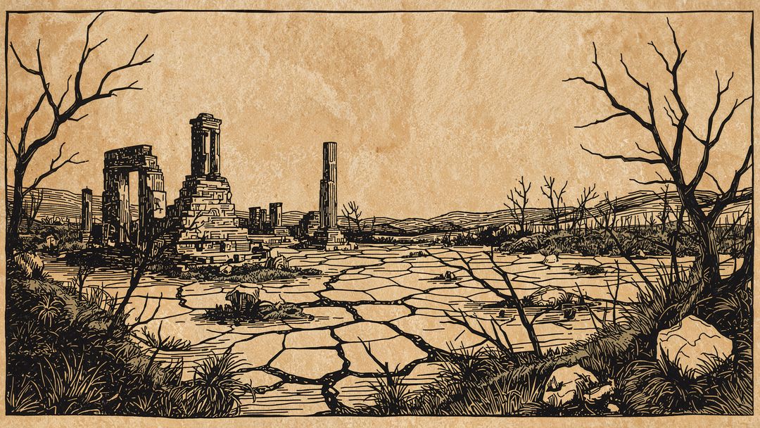 Desolate earthquake ruins with cracked earth and columns