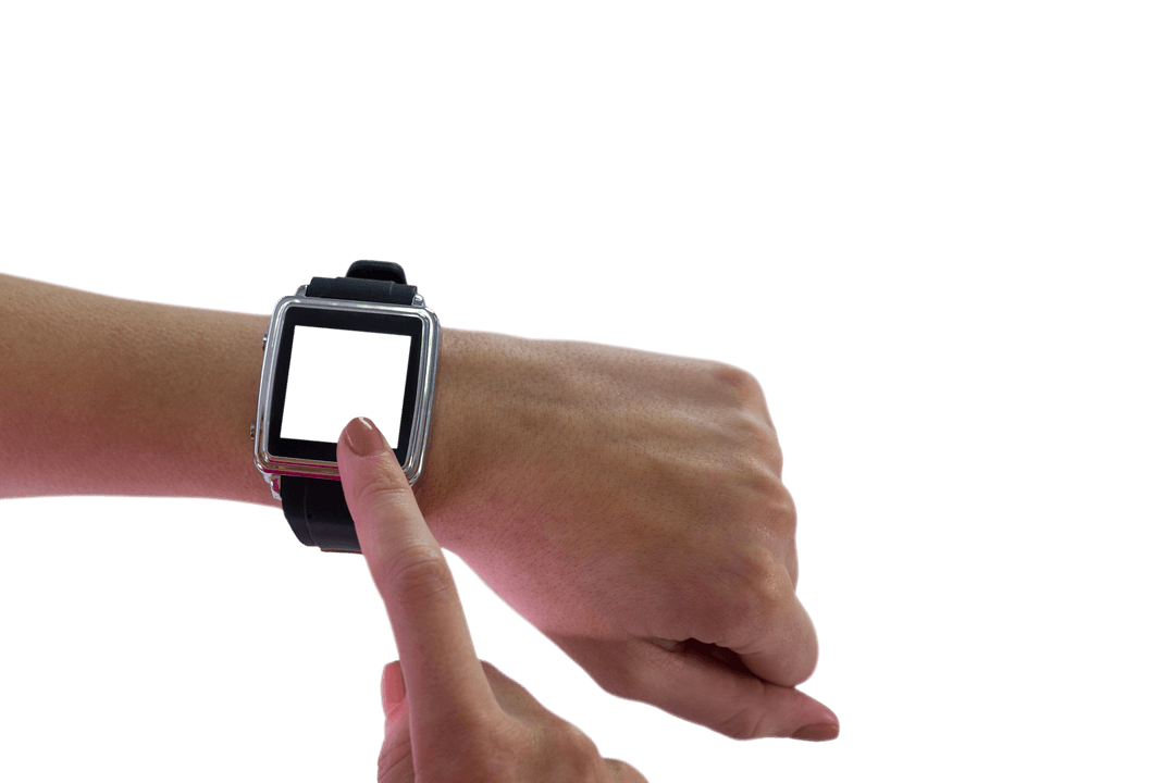 Caucasian Woman Interacting with Smartwatch Transparent Background