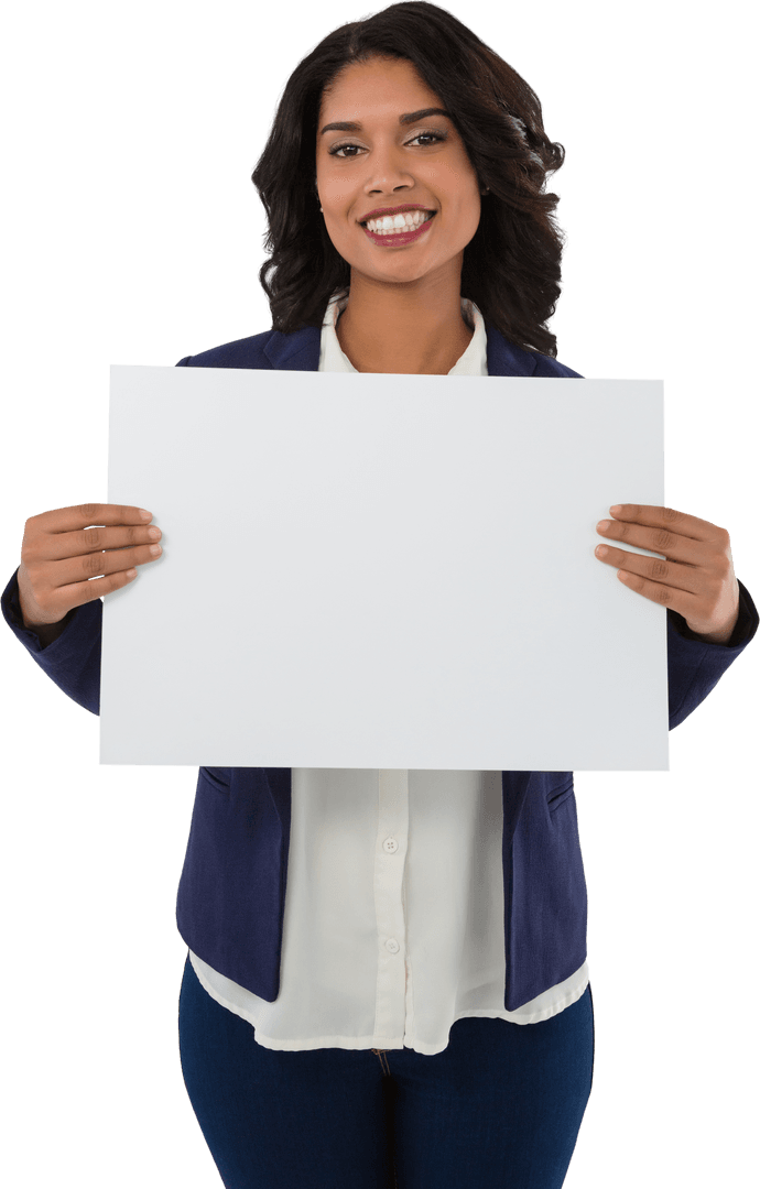 Smiling Woman Presenting Blank Canvas Placard on Transparent Background