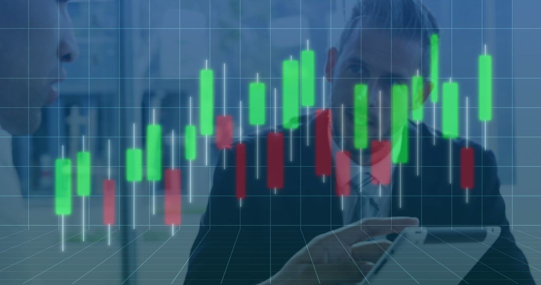 Business Professionals Analyzing Financial Data with Candlestick Chart Overlay - Free Images, Stock Photos and Pictures on Pikwizard.com