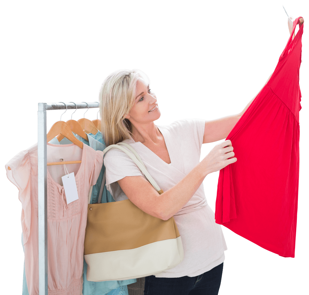 Smiling Woman Examining Red Dress Transparent Background