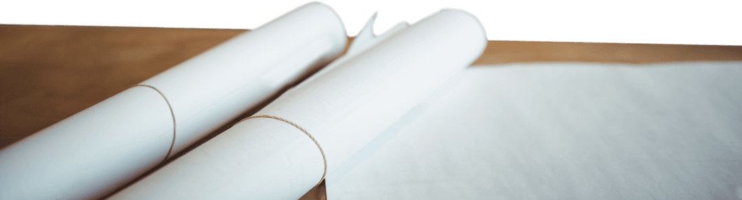 Transparent Architectural Blueprint Rolls on Table Surface