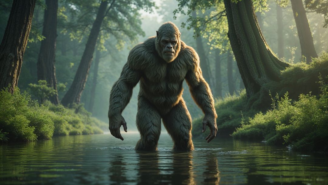 Mystical Creature Wading Through Sunlit Forest Stream