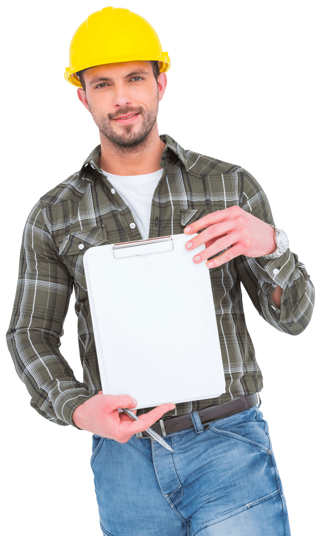 Transparent Man in Hard Hat Holding Blank Clipboard