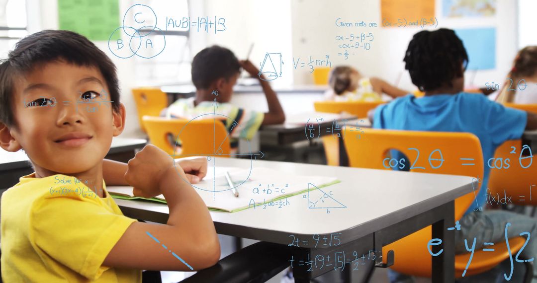 Asian Boy in Classroom with Mathematical Concepts Overlay