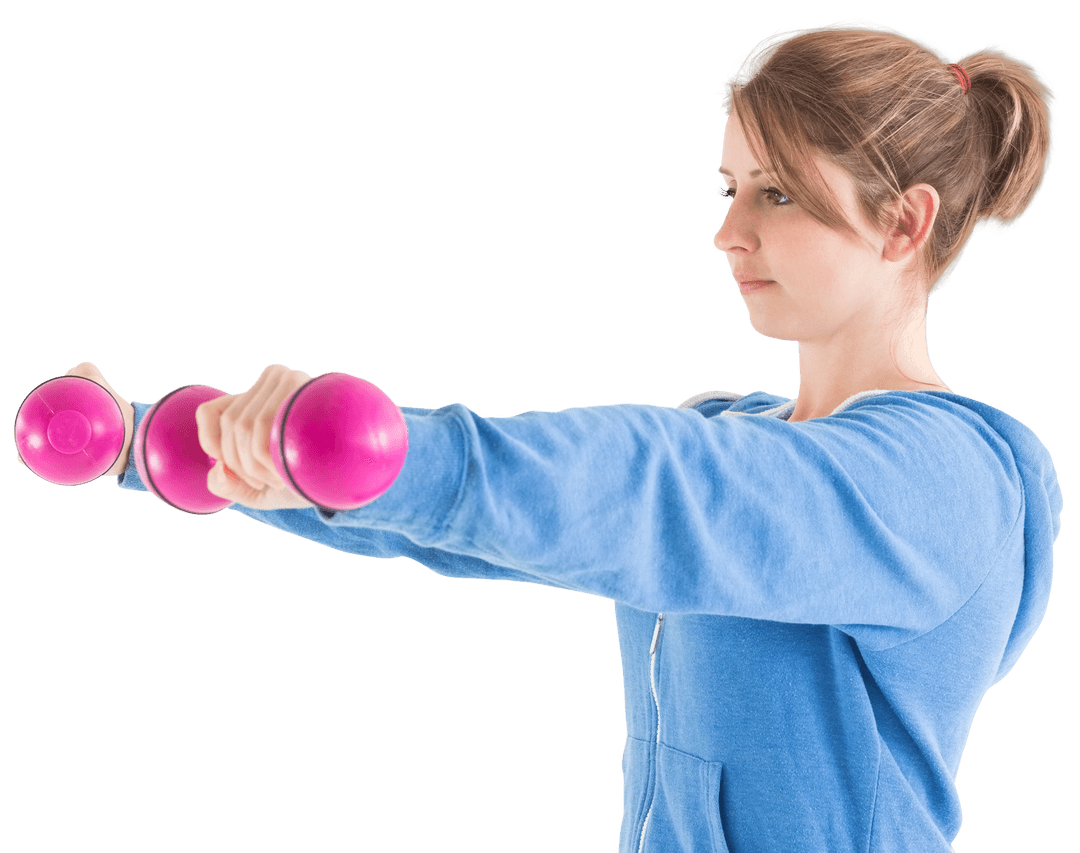 Woman in Blue Hoodie Exercising with Pink Dumbbells on Transparent Background