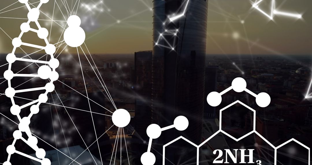 Abstract DNA and Chemical Structures Over Modern Cityscape
