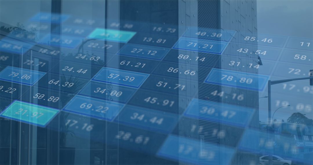 Financial Data Processing Overlay on Digital Cityscape