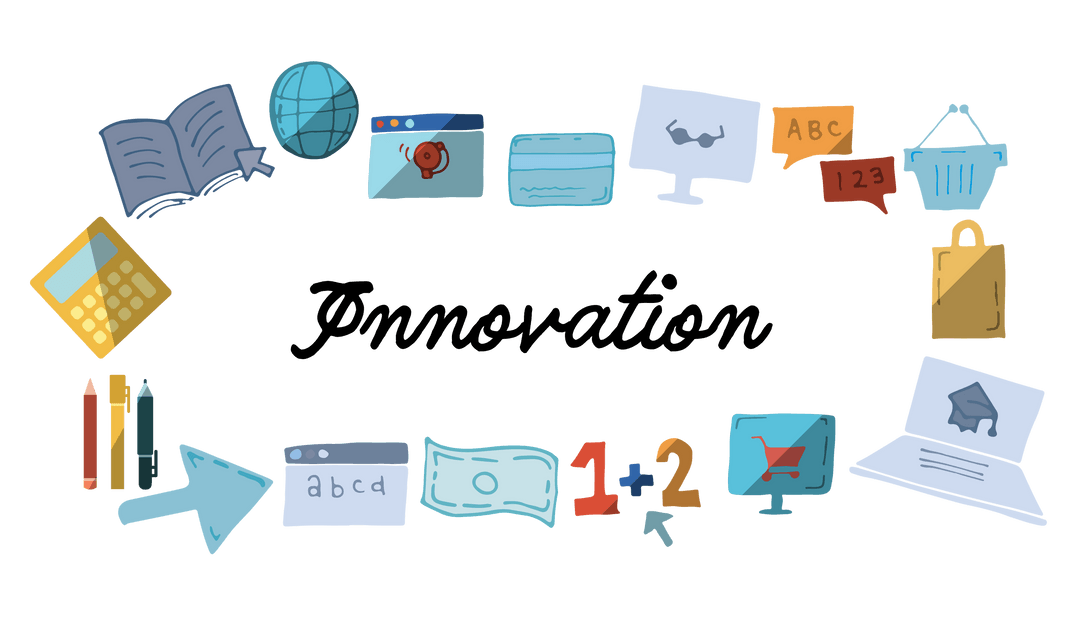 Transparent Digital Icons Surrounding Innovation Text Illustration