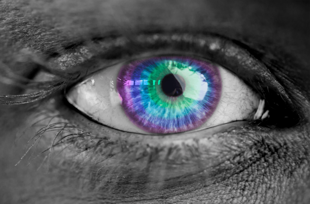 Vibrant Multicolored Eye on Transparent Face Gazing Intently