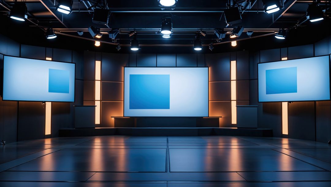 Futuristic Conference Stage with Central Display and Lighting