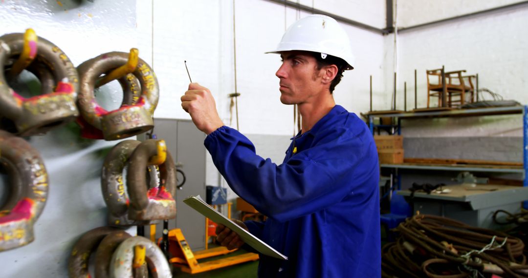 Male Inspector Examining Industrial Equipment with Clipboard in Warehouse - Free Images, Stock Photos and Pictures on Pikwizard.com