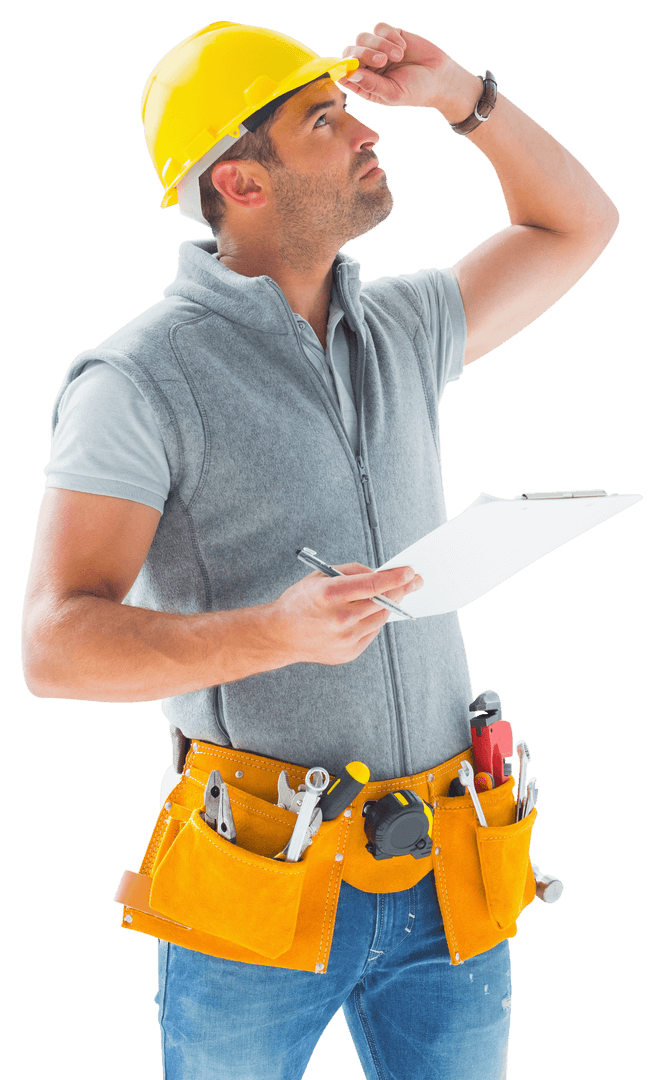 Engineer Assessing Construction Plan on Transparent Background