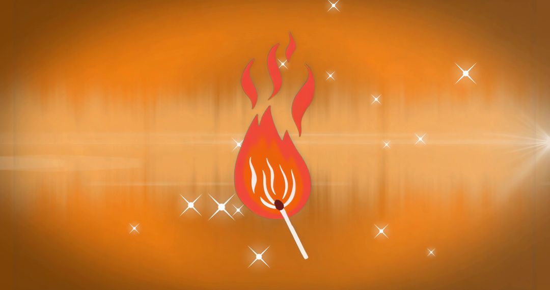 Burning Matchstick with Stylized Flame, Orange Glow, Sparkles and Light Streaks